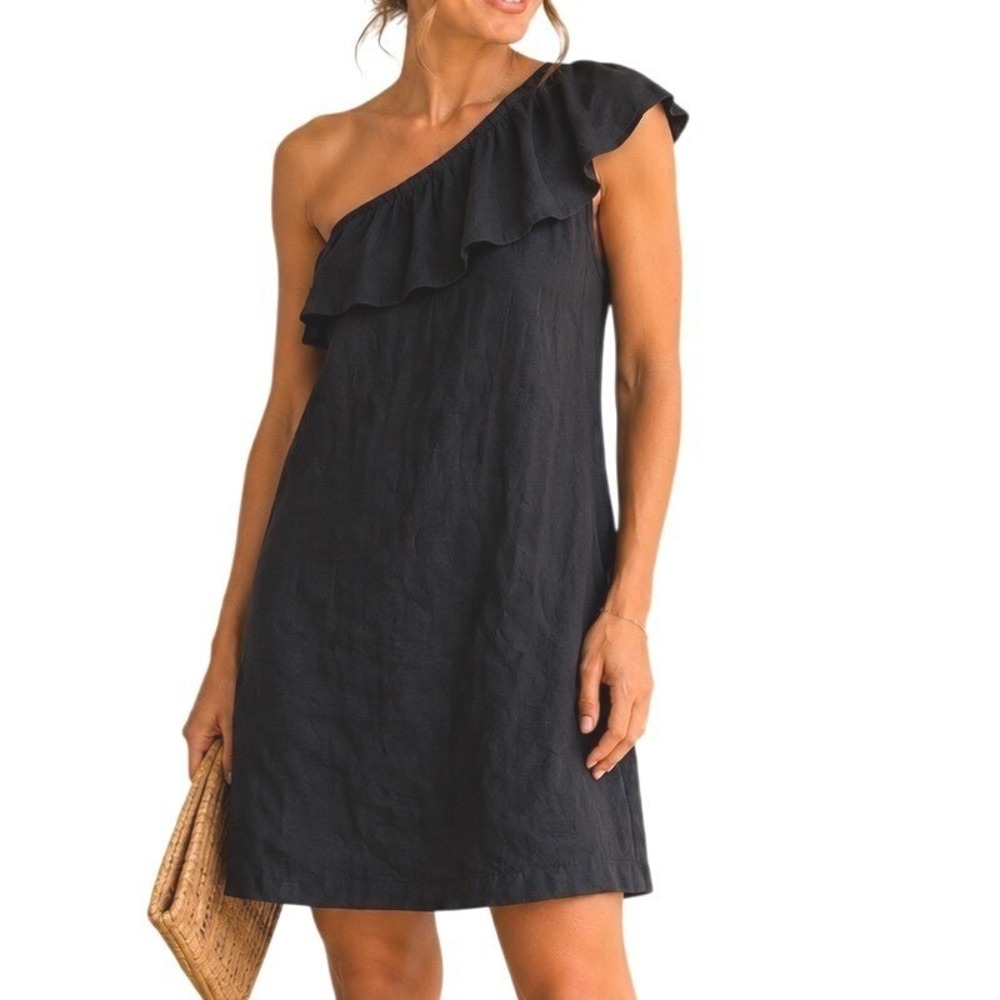 J.Crew Women Black One Shoulder Ruffle Mini Dress Large Linen Cotton Blend Lined